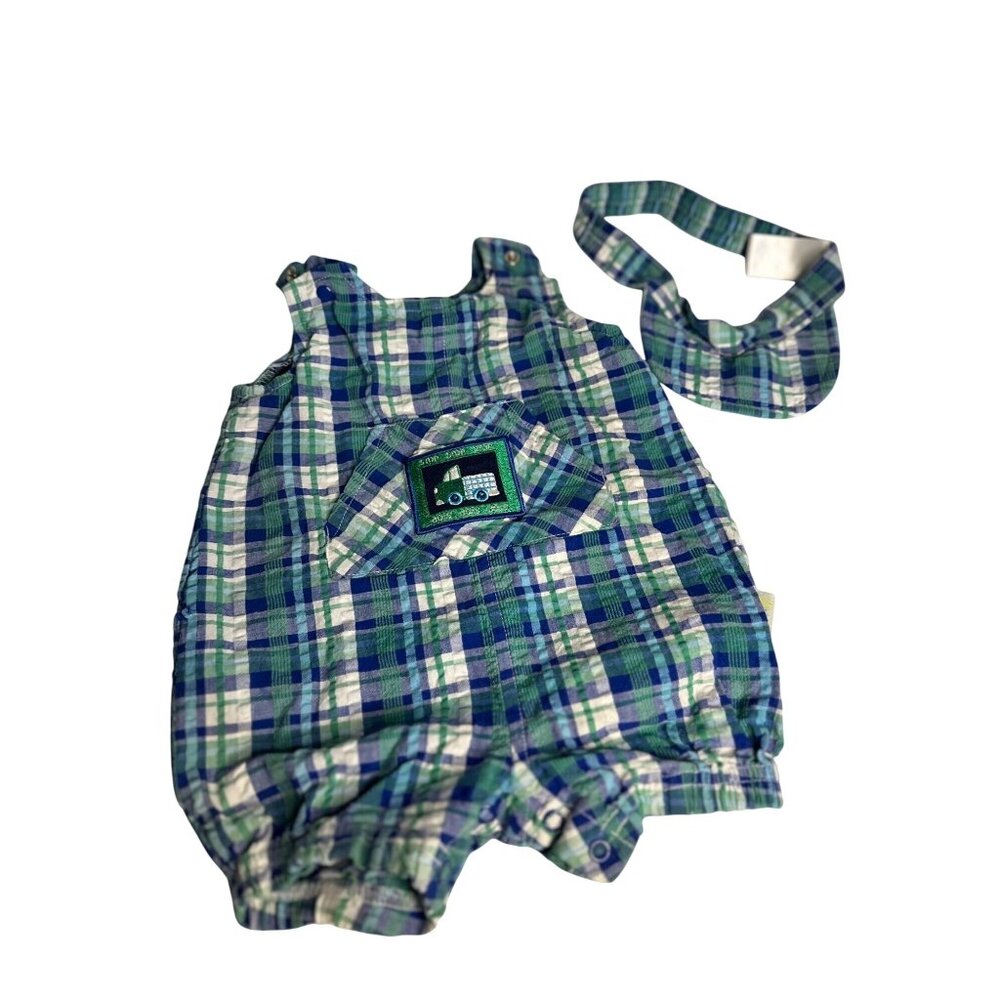 VTG‎ Little-Me Plaid Bubble Romper & Bib Pocket | Embroidered Truck Blue Green